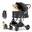 EchoSmile Small Medium Dogs Stroller 4-Wheel Pet Strollers for Medium Dogs Up to 50lbs, One Click Folding Large Cat Stroller, Reversible Handle, Shock Absorbing Wheels, Removable Washable Pad (Black)