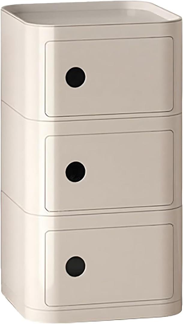 3 Tier Square Nightstand with Drawers, Beige Square Side Table Small Plastic Storage End Table for Bedroom, Living Room, Bathroom, 22.6IN