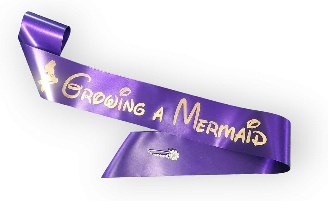 Amy's Bubbling Boutique Growing a Mermaid Baby Shower Sash Mom to be Purple & Gold with Rhinestone Pin