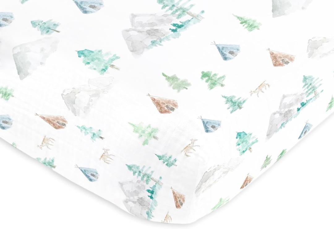 SwaddleDesigns Softest Cotton Muslin Fitted Crib Sheet, Toddler Sheet for Boys & Girls, Fits Standard Crib Mattress (28 x 52 inches), Watercolor Mountains & Trees