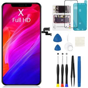 for iPhone X Screen Replacement 5.8 Inch COF FHD Display 3D Touch Digitizer with Waterproof Adhesive + Tempered Glass + Repair Kit for Model A1865, A1901, A1902