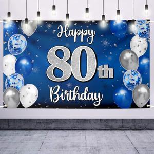 Happy 80th Birthday Decorations,80th Blue & Silver Balloon Large Birthday Banner Backdrop Sign,Cheers to Eighty Years Old Bday Party Supplies.
