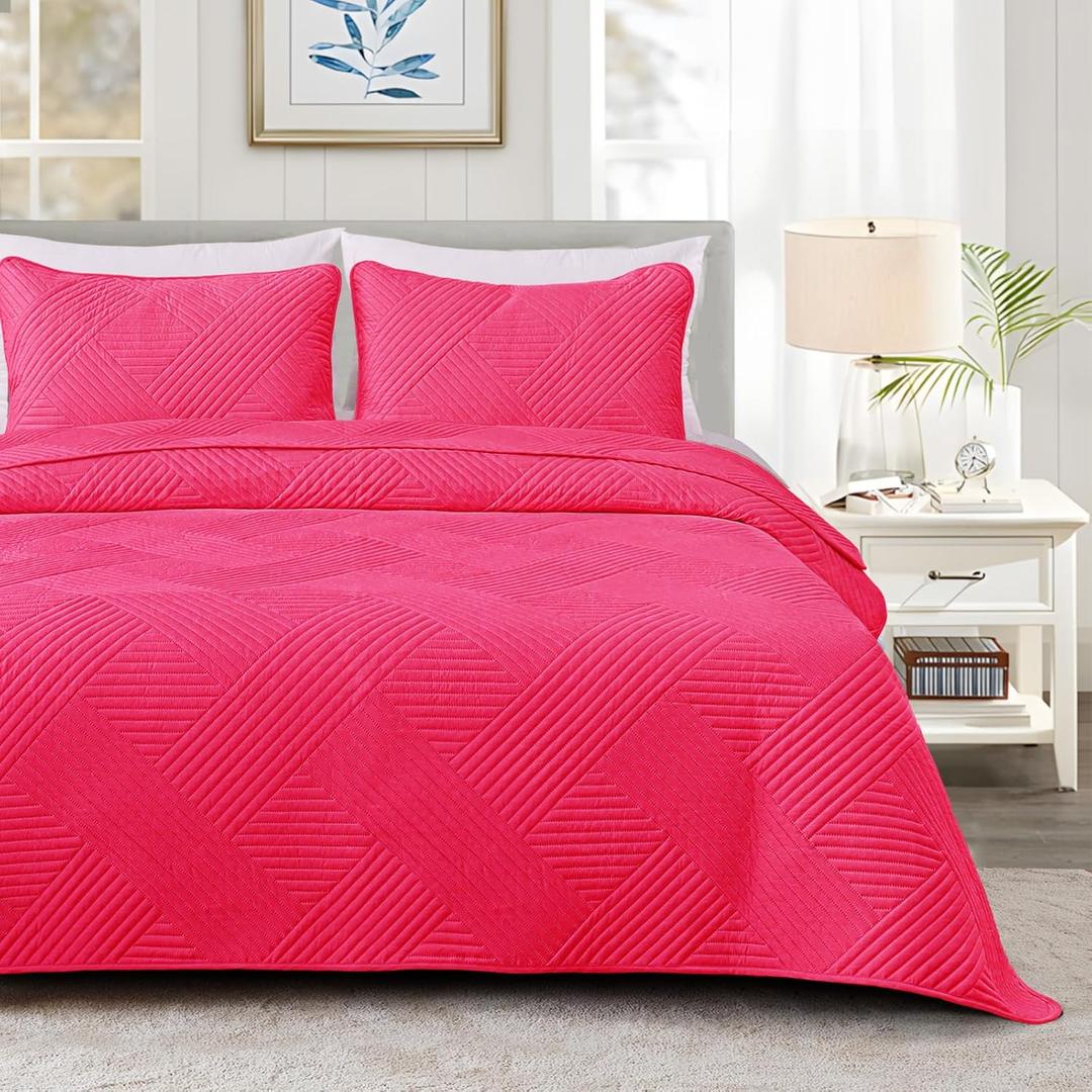 Whale Flotilla Queen Quilt Set, Soft Lightweight Quilts Bedspreads Coverlet with Embossed Pattern, Bedding Sets with 2 Pillow Shams, Reversible Bed Cover for All Seasons, 96x90 Inches, Hot Pink
