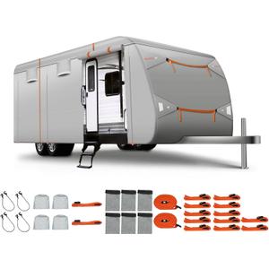 WASAGUN Travel Trailer RV Cover Fits 26.1'- 28.5', RV Cover Windproof 7 Extra Thick Layers Anti-UV Top, Zippered Door Panel, Rip-Stop Straps, 4 Tire Covers & 6 Gutter Covers, Orange