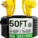 POWGRN NEMA 14-50P to NEMA 14-50R 50 Amp RV/EV Extension Cord 50 FT Outdoor with Grip Handle, Flexible Heavy Duty RV Power Cord Waterproof, 50A 125/250V 6250/12500W STW, Black-Yellow, ETL Listed
