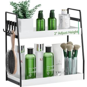 VITVITI 2-Tier Bathroom Organizer Countertop, Wood Bathroom Counter Organizer and Storage, Bathrom Corner Sink Vanity Skincare Organizer Shelf with Hooks, White