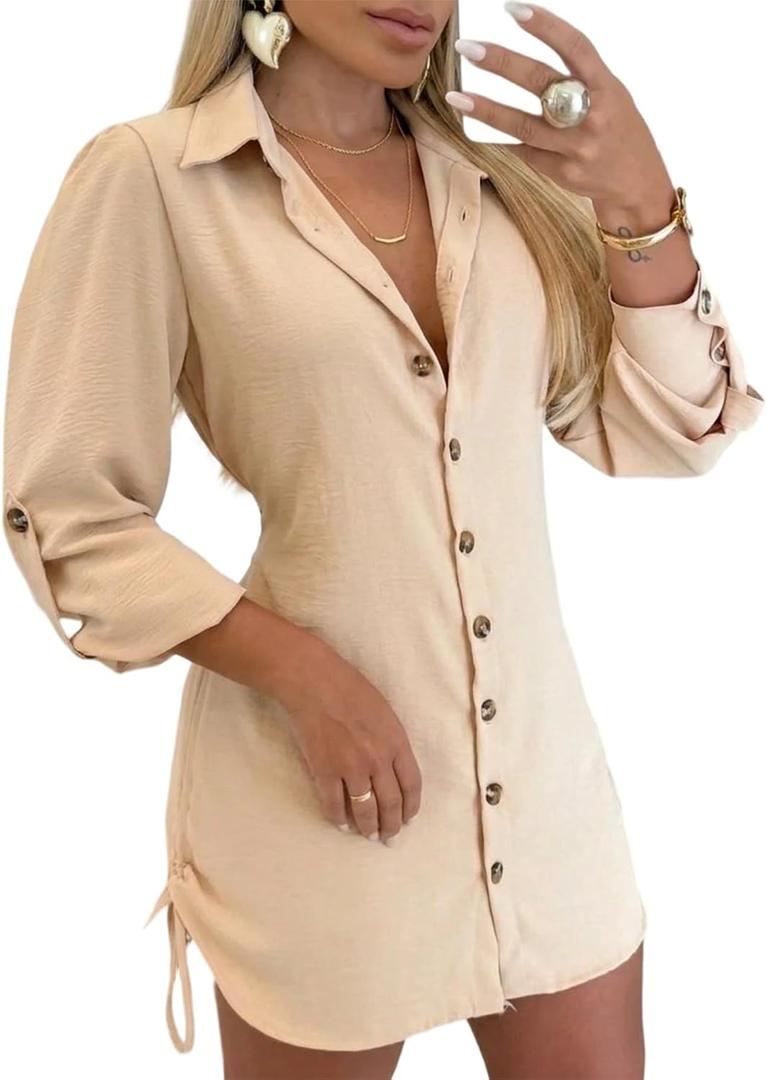 Women Shirt Dress Sexy Long Sleeve Button Down Blouses Side Drawstring Apricot Mini Dresses-M