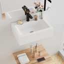 Floating Bathroom Vessel Sink Wall Mount, Hugsleek 16 x 12 inch Rectangle White Porcelain Ceramic Vessel Sink Wall Mounted Hang Bath Sink Bowl Basin Lavatory Vanity Restroom With Faucet Hole