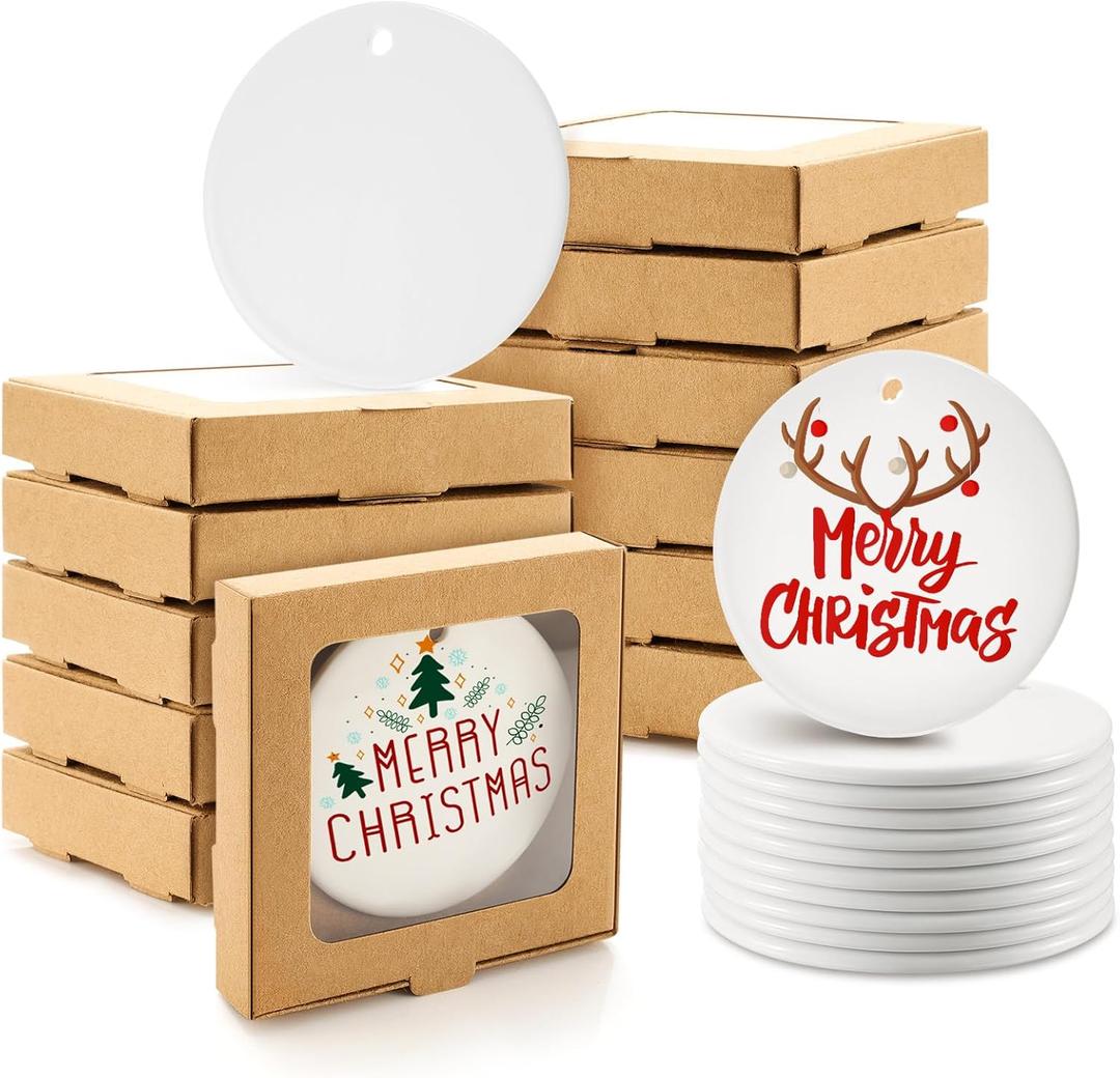 Fullhawl 12 Set Sublimation Ornament Blanks with Gift Box 2.9" Christmas Ornaments Ceramic Discs Ornaments Bulk Packaging Box for Personalized Xmas Tree Heat Press Printing(Kraft Paper)