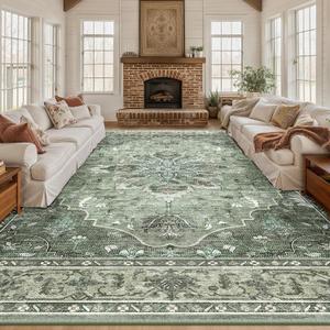 RELEANY Area Rugs 10'x14' Washable Non-Slip, Floral Vintage Distress Print Pattern Medallion Carpet for Living Room Bedroom Dining Room, Dark Green Gray