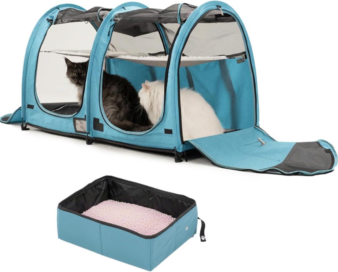 Mispace Portable Twin Compartment Show House Cat Cage/Condo - Easy to Fold & Carry Kennel - Comfy Puppy Home & Dog Travel Crate with Portable Carry Bag/Two Hammocks/Mats and Collapsible Litter Box (Blue)