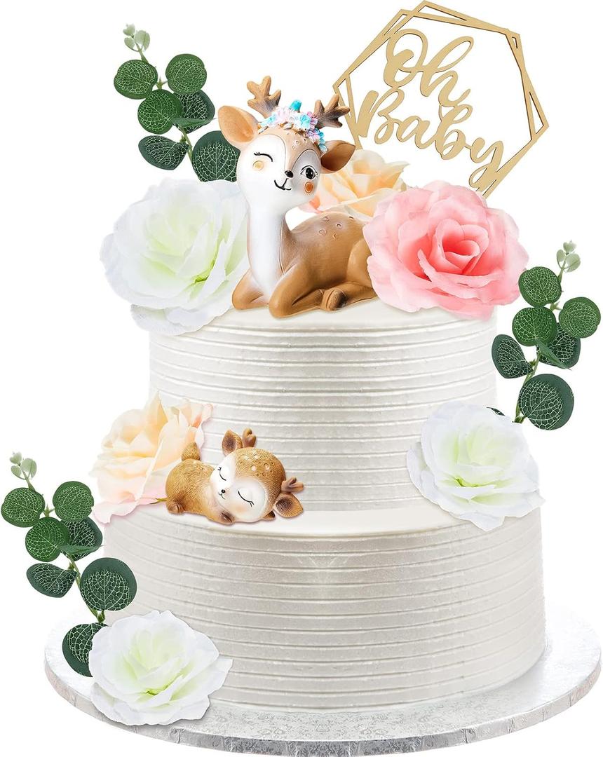 Taiyin Oh Baby Cake Toppers for Baby Shower Cute Deer Cake Toppers Girly Animal Flowers Cakes Topper Decoration Small Woodland Deer Figurines for First Birthday Party Supplies(Elegant Style)