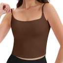 Spaghetti Strap Workout Tank Tops for Women Scoop Neck Women Sports Bras Yoga Camisole Strappy Tank Tops Built in Bra (Large, Brown)