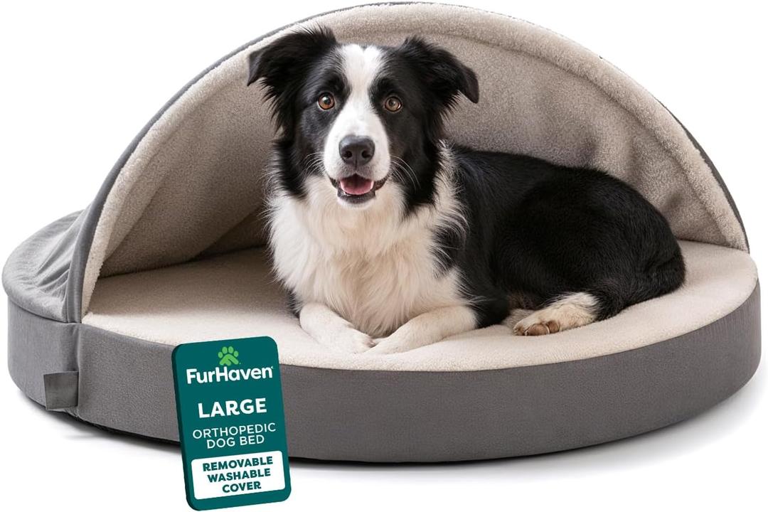 FurHaven Round Orthopedic Dog Bed for Large Dogs, Egg Crate with a Solid Orthopedic Foam Base with Attached Blanket Hood and Removable Washable Cover, Large, Sherpa & Suede Snuggery, Gray