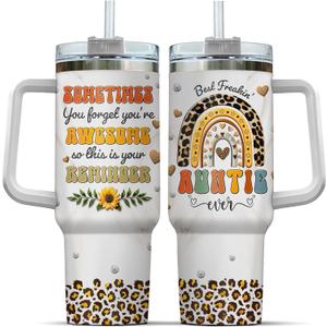 Tumbler 40 Oz With Handle Lid And Straw, Auntie Rainbow Leopard, Rainbow Travel Coffee Mug Cup, Aunt Gifts, Cups For Black Gift Daisy Print Ever Handle Coffee Best Heart