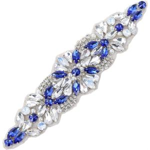 Crystal Rhinestone Applique Belt Bridal Wedding Dress Applique Blue 8.7x1.9 inches