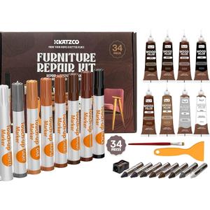 Katzco Furniture Repair Kit Wood Markers - Set of 34 - Markers and Wax Sticks with Sharpener - for Stains, Scratches, Floors, Tables, Desks, Carpenters, Bedposts, Touch-Ups, Cover-Ups