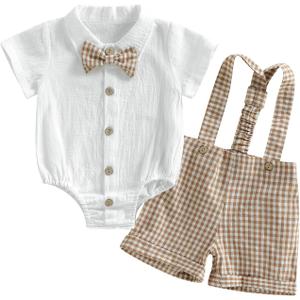 Newborn Baby Boy Gentleman Outfit Summer Short Sleeve Button Up Bowtie Dress Shirt Romper Plaid Suspender Shorts Set (White)