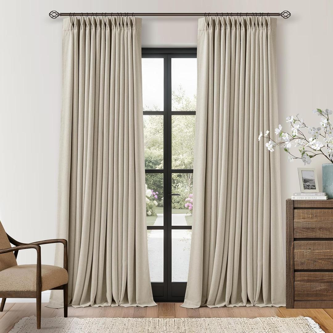 Beige Oatmeal Linen Pinch Pleated 100% Blackout Curtains 90 Inch Length 2 Panels Set Pinch Pleat Curtains Black Out Blocking Room Darkening Drapes with Liner for Bedroom Living Room Window 40x90