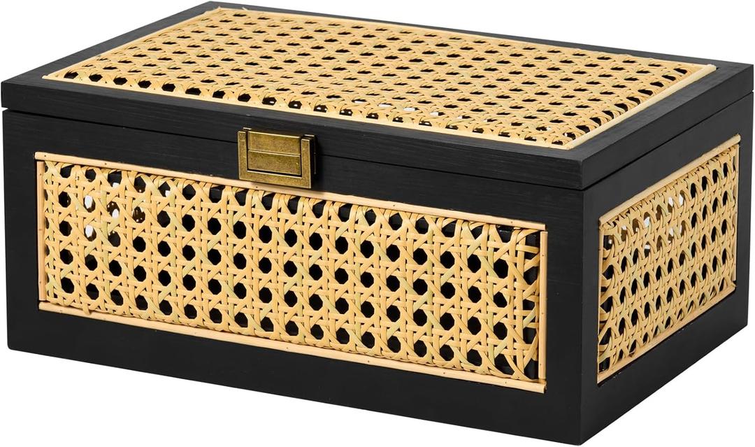 Rattan Storage Boxes Decorative Handmade Natural Wood Baskets with Lid Wooden Frame Boho Rustic Wicker Box Stacking Woven Cane Bins Shelf Closet Desk Organizer Container (Black, Large)
