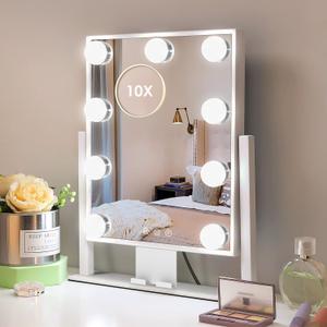 Kottova Makeup Mirror with Lights, 14" x 12" Vanity Mirror, Lighted Makeup Mirror with 3 Color Dimmable Lighting & Touch Sensor, Detachable 10X Spot Mirror, White (White-9 Led)