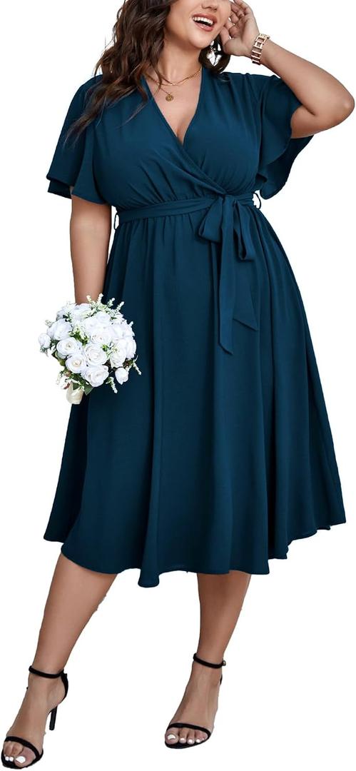 SCOMCHIC Womens Plus Size Wedding Guest Cocktail Midi Dress Summer Short Sleeve Wrap V Neck Belted A-Line Flowy Dress Size: XX-Large Plus0