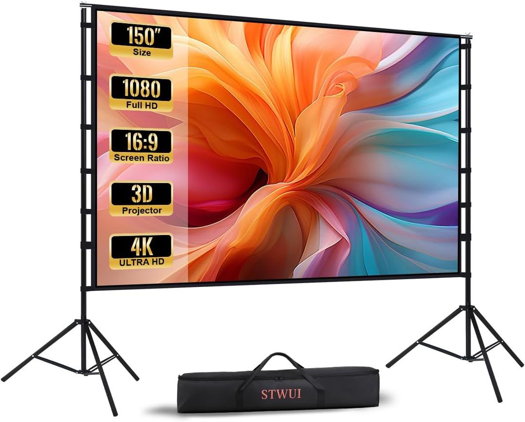 STWUI Projector Screen with Stand - 150 Inch Portable Projector Screens Outdoor Indoor Projector Screen 16:9 4K HD Outdoor Movie Screen with Carry Bag, Enjoy Home Theater Projection Screen