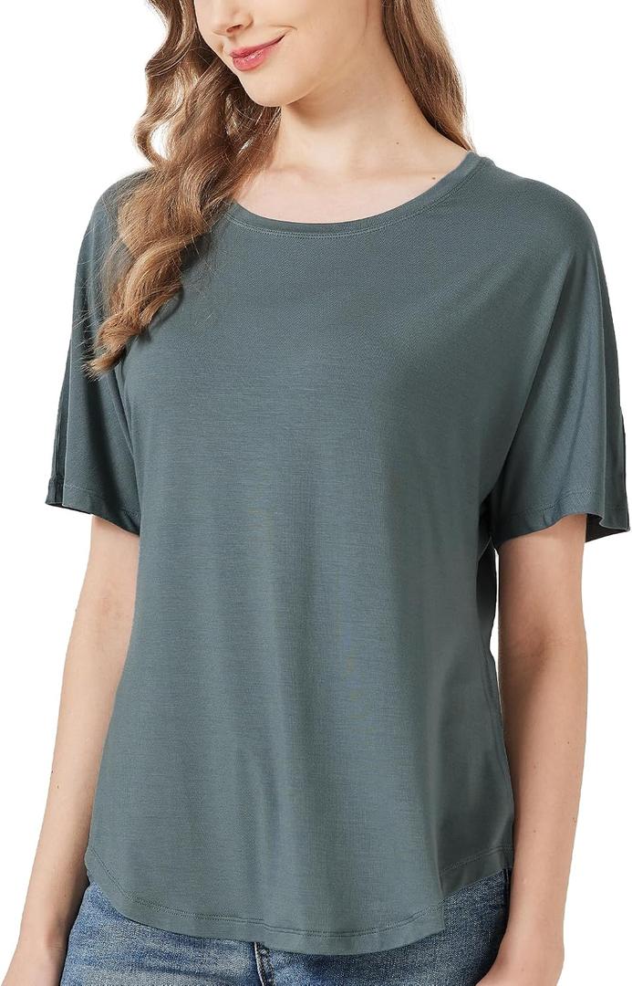netdraw Women's Ultra Soft Bamboo Viscose Dolman Top Loose Fit Trendy Casual Lounge Short Sleeve Pajama Batwing T-Shirt (Gray, S)
