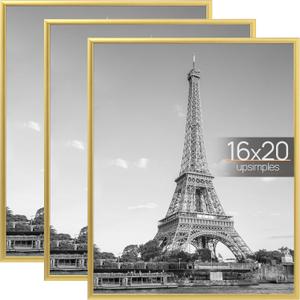 Upsimples 16x20 Picture Frame Gold 3 Pack, Scratch-Proof Poster Frames 16 x 20 for Photo Gallery - Slide-In Strips, Horizontal or Vertical Wall Mounting