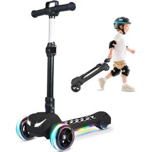 Electric Scooter for Kids Ages 3-12, Full Body Lights Up, Wide Deck, 3 Adjustable Heights, 5MPH Safe Speed, 90min Riding, Foldable 3 Wheel Electric Scooter for Kids Boys Girls Toddler (Black + Pull Handle)