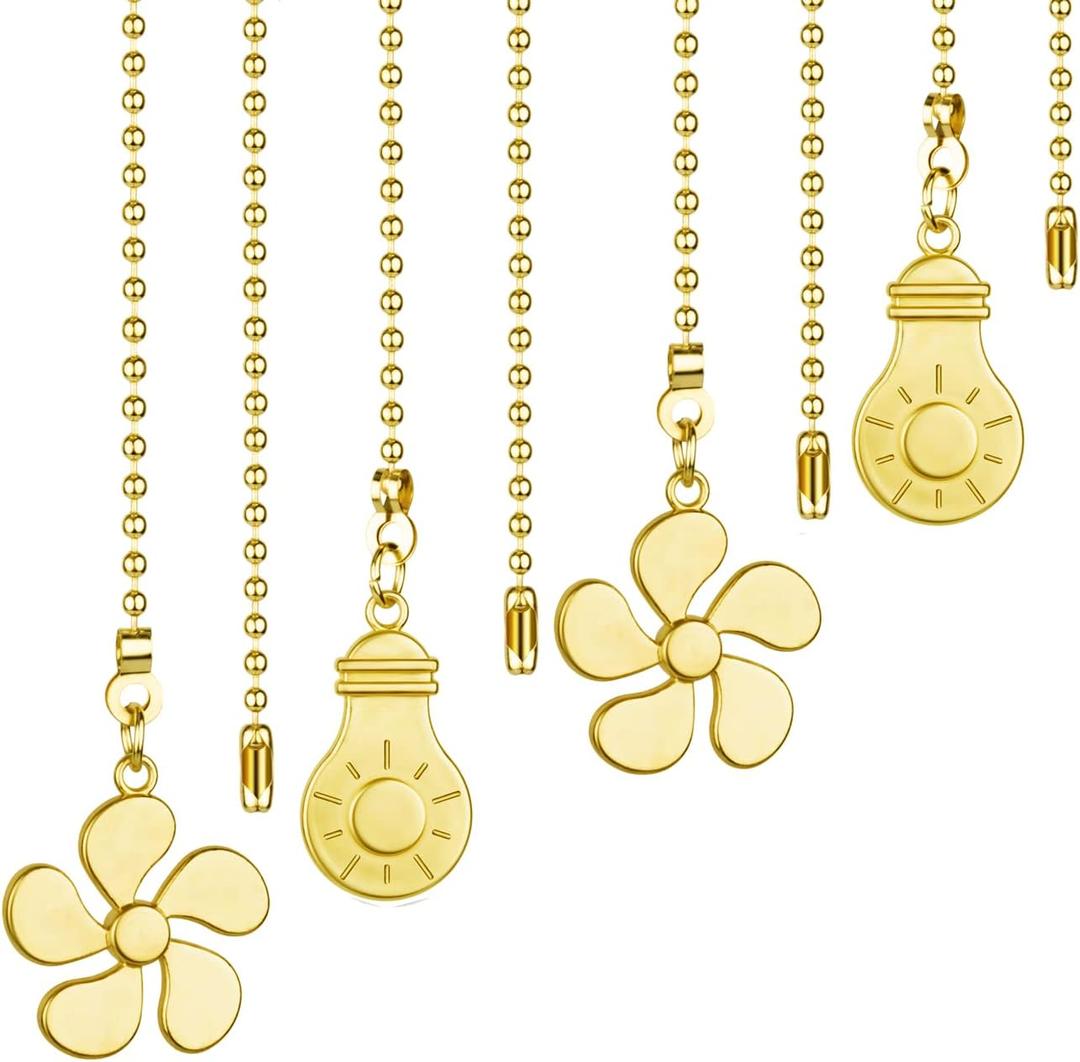 Ceiling Fan Pull Chain Kit - 4PCS 12 Inch Extender With Bulb and Fan Pattern Pendant, Brass Connector (Brass)