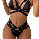 WDIRARA Women's Cut Out Mesh Strappy Harness O-Ring Backless Halter Lingerie Set (Large, Black)