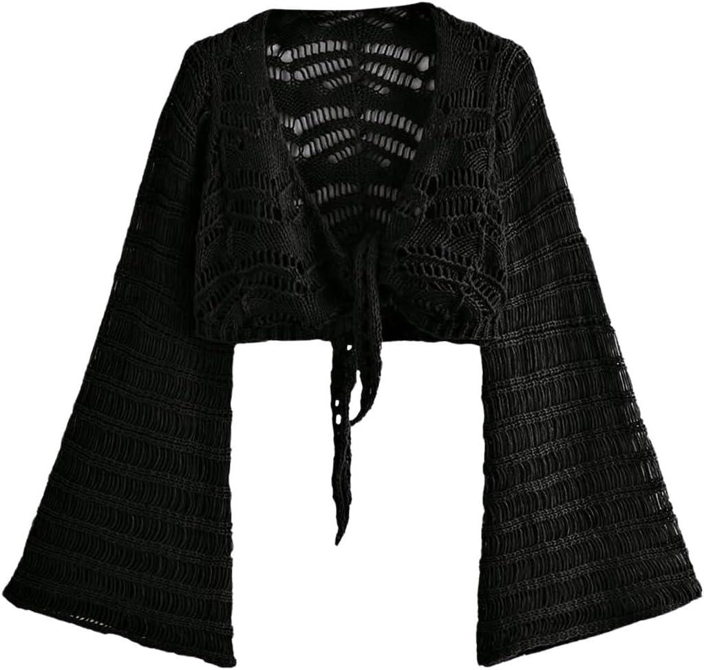 OYOANGLE Women's Plus Size Hollow Out Crochet Cardigan Sweater Tie Front Bell Sleeve Cropped Bolero Shrugs