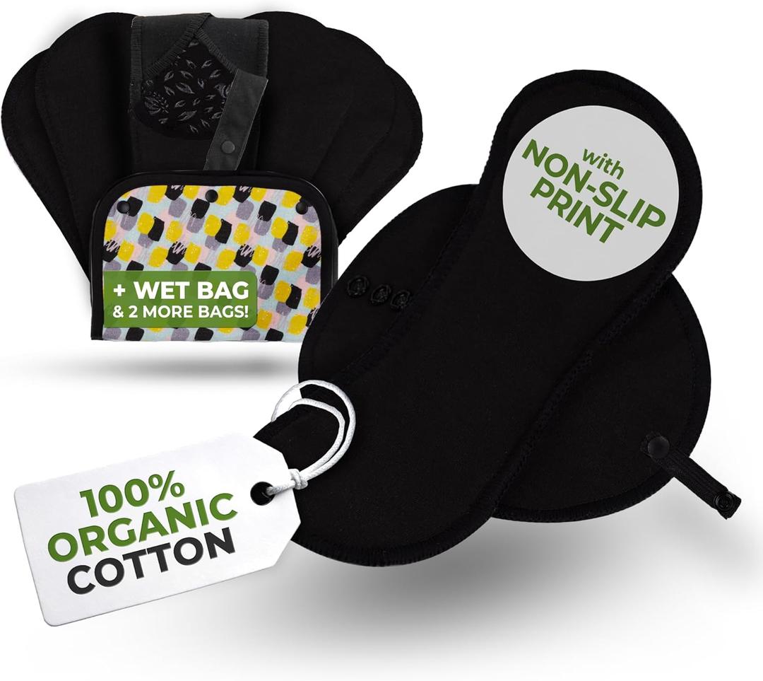 Non-Slip Reusable Organic Panty Liners for Women & Teens (Small 7-Pack)  100% Breathable, High-Temp Washable Cloth Panty Liners for Vaginal Discharge  Soft Cotton Keep You Fresh & Dry for Daily Use (Black)