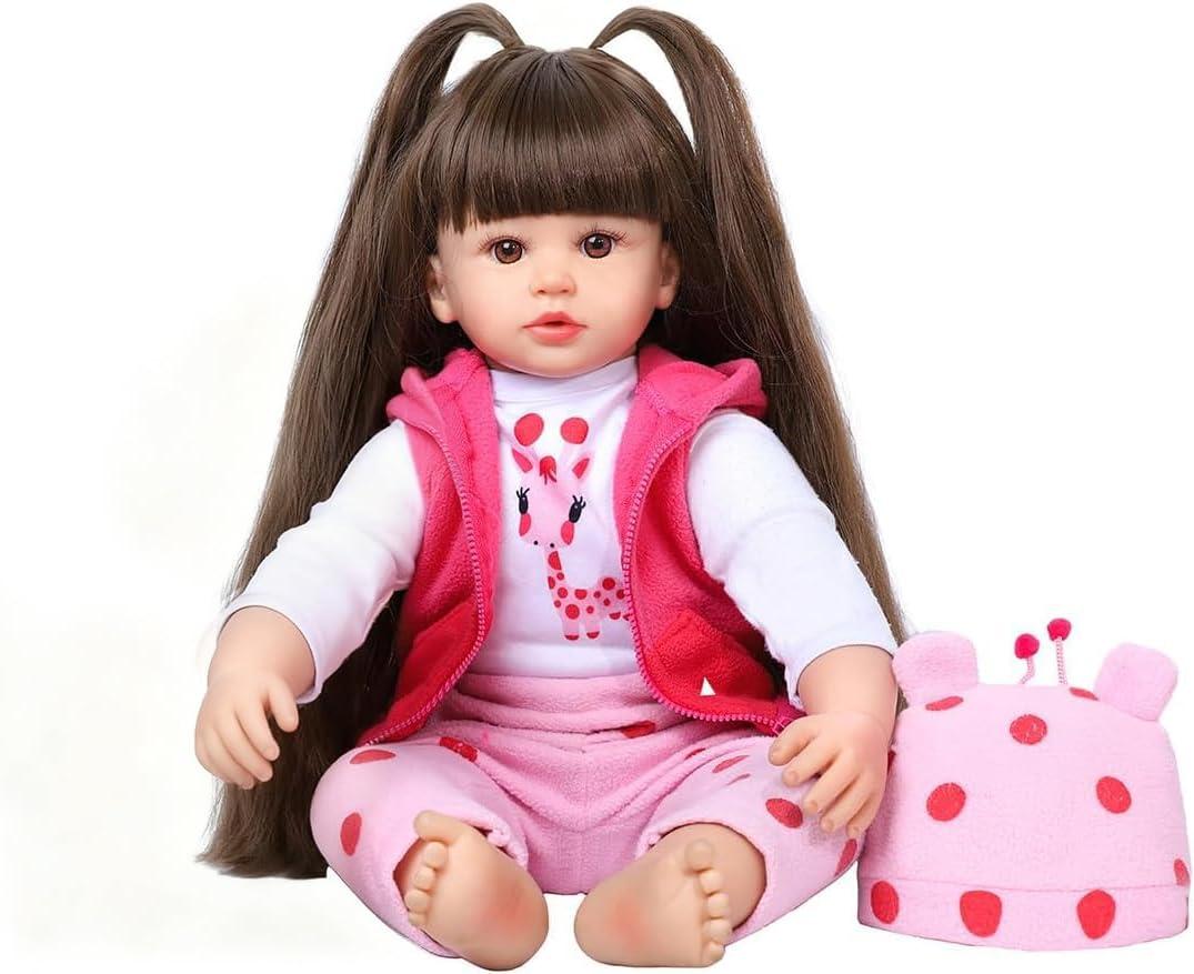 Kdudgso Reborn Baby Dolls 24 Inch Realistic Toddler Silicone Baby Doll Girl with Long Hair in Gift Box, Weighted Lifelike Babe Muecas Nias, Feeding Toys, Birth Certificate Accessories for Age 3+ (Cecilia)