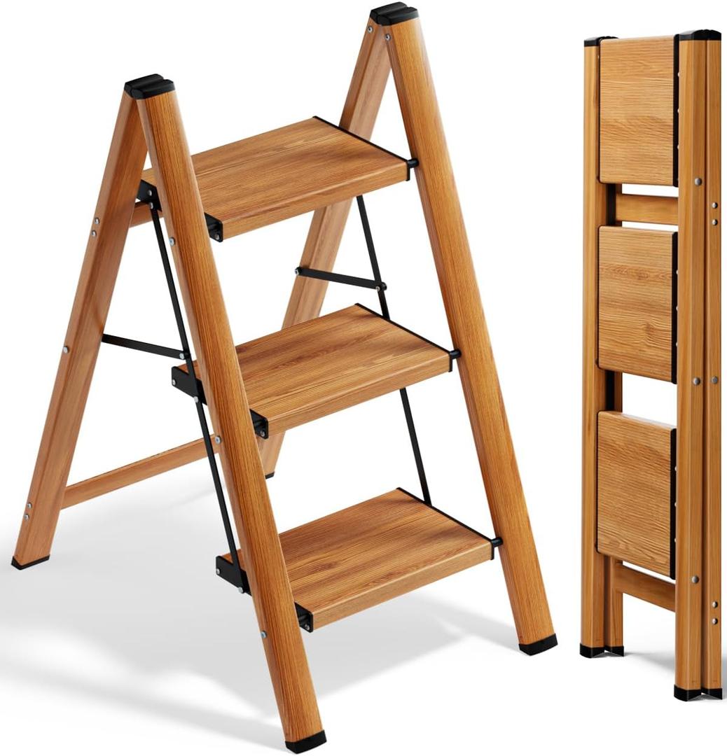 SOLADDER 3 Step Ladder, Folding Aluminum 3 Step Stool with Anti-Slip Wide Sturdy Pedal, Multi-Use for Home and Kitchen Use, Space Saving-Woodgrain(300 lbs Capacity)
