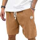 PLEPAN Mens Shorts 7 inch Corduroy Casual Short Drawstring Elastic Waist Lightweight Summer Beach Shorts Loose Fit (Medium, Khaki)