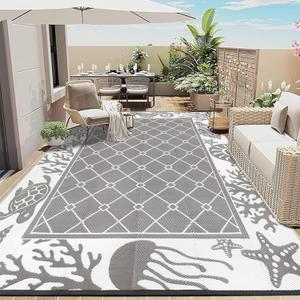 Vaukki Reversible Rugs, Plastic Straw Outdoor Doormat, Fade Resistant Plastic Outdoor Patio Mat, Lightweight Ocean Area Carpet for Patio, RV, Camping, Beach, Deck, Backyard and Picnic (Grey, 8'x10')