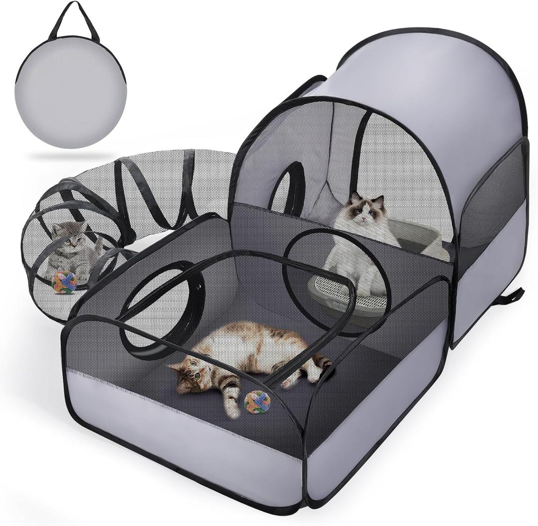 Portable Cat Playpen with Surround Tunnel, 2-Linked-Enclosed Areas, Ideal Cat Tent Outdoor or Cat Playpen for Indoor Cats Enclosed.Breathable Mesh Design for Indoor & Outdoor Use(Grey)