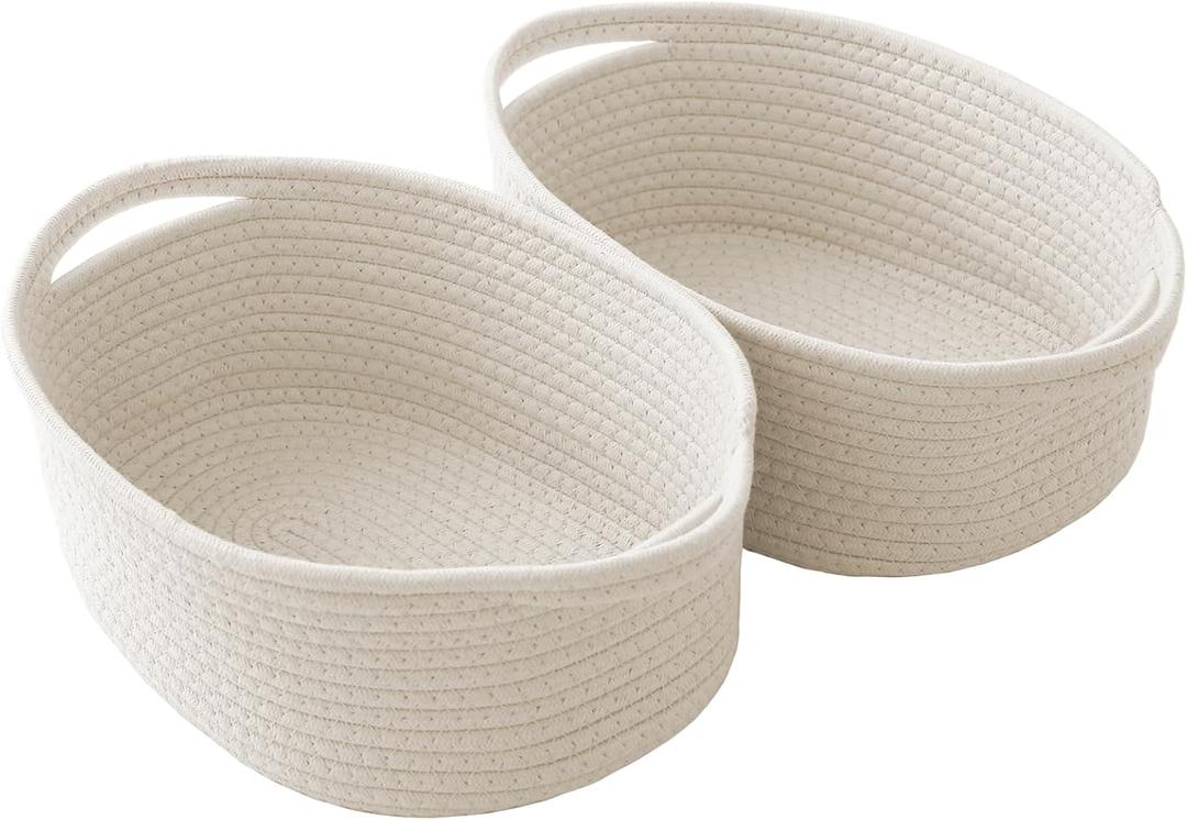 JMvicyroam Woven Basket,Small Rope Storage Bin with Handles & Ribbon Bag, Organizer for Shelves Closets,Gift Basket Empty for Birthday,Books,Dog Toys,White/2 Pack