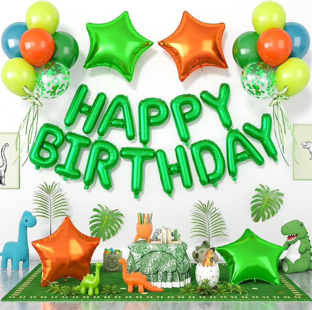 29PC Green Orange Happy Birthday Balloons Banner, 16Inch 3D Aluminum Letter Banner Sign, Green Orange Balloon 18 Inch Star Foil Balloon for Women, Men Party Supply