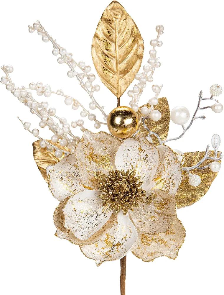 Briful 3PCS Christmas Glitter Magnolia Flowers Picks and Spray with Christmas Balls Ornament Berries Gold Leaves Branches for Xmas Tree Wreath Vase Centerpiece Floral Arrangement (White Gold)