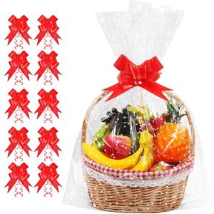 JOYIT 50 Pcs Clear Cellophane Bags with White Dot (18 in x 30 in) - 3 Mil Thicker Cellophane Wrap for Gift Baskets, Clear Plastic Bags with Red Bows Ribbon