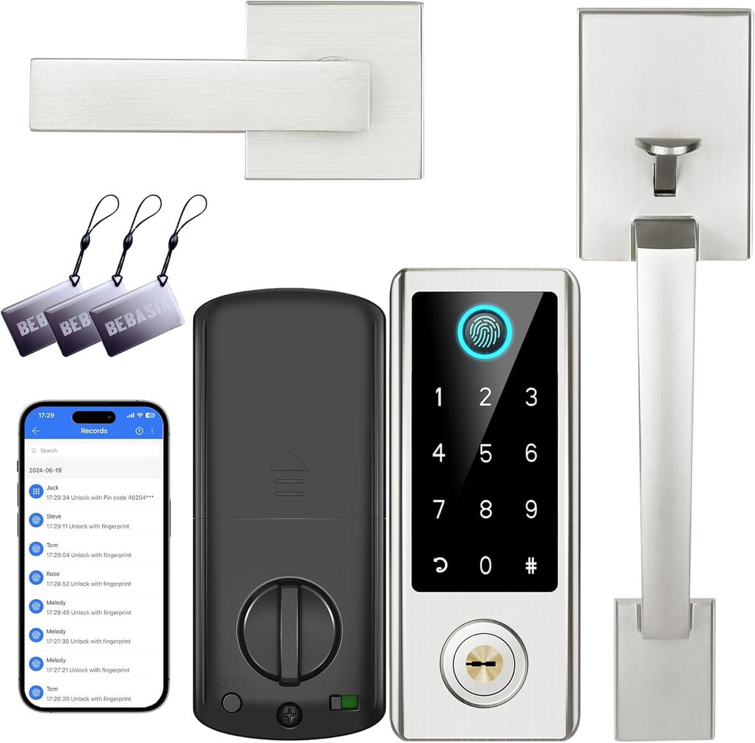 Fingerprint Door Lock with Handle Sets, BEBASIA Keyless Entry Door Lock, Bluetooth Front Door Lock Set, Smart Deadbolt, Electronic Keypad Digital Deadbolt with Handle, Satin Nickel