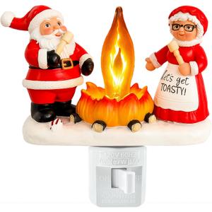 Abscalar Santa Claus & Mrs. Claus Christmas Campfire Flickering NightLight, Cute Swivel Plug-in Figurine Lamp for Holiday Decor, Indoor, Campfire Night Light with Flicker Bulb, Figurine Light