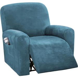 H.VERSAILTEX Velvet Stretch Recliner Couch Covers 4-Pieces Style Recliner Chair Covers Recliner Cover for Reclining Chair Slipcovers Feature Non Slip Form Fitted Thick Soft Washable, Peacock Blue