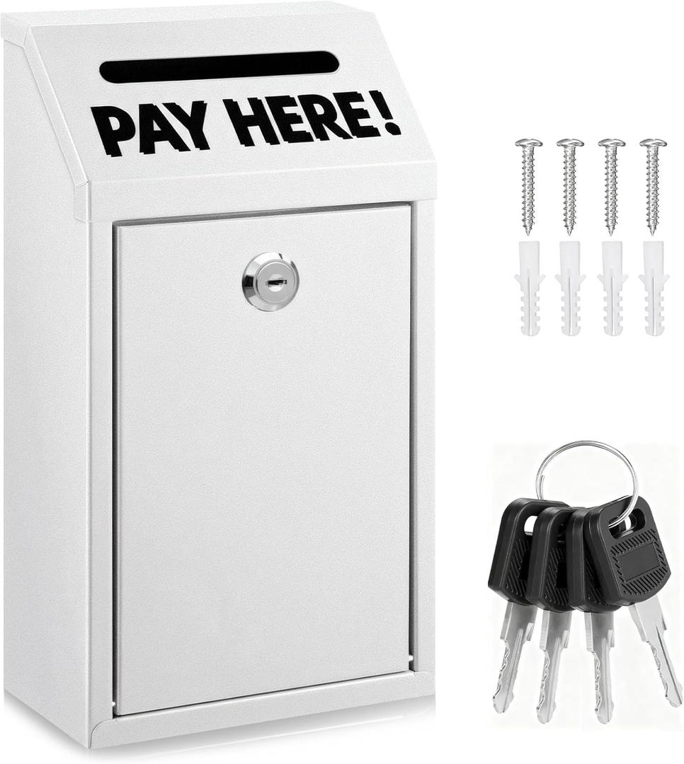 Cash Money Box with Slot – 10.2In Metal Donation Box with Lock for Cash Deposit,Wall Mounted Money Drop with Lock and Slot for Home/Farm/Office/Outdoors (White)