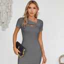 VICHYIE Womens Summer Dresses Cutout One Piece Ribbed Bodycon Mini Short Sleeve Casual Slim Fitted Pencil Dresses (Gray, L)
