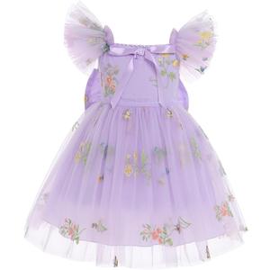 ODASDO Kids Tutu Tulle Floral Embroidery Princess Dress Birthday Party Outfit Flower Girls Wedding Guest Pageant Graduation Dress Child Summer Puffy Knee Length Dresses Photoshoot Lavender 9-10 Years