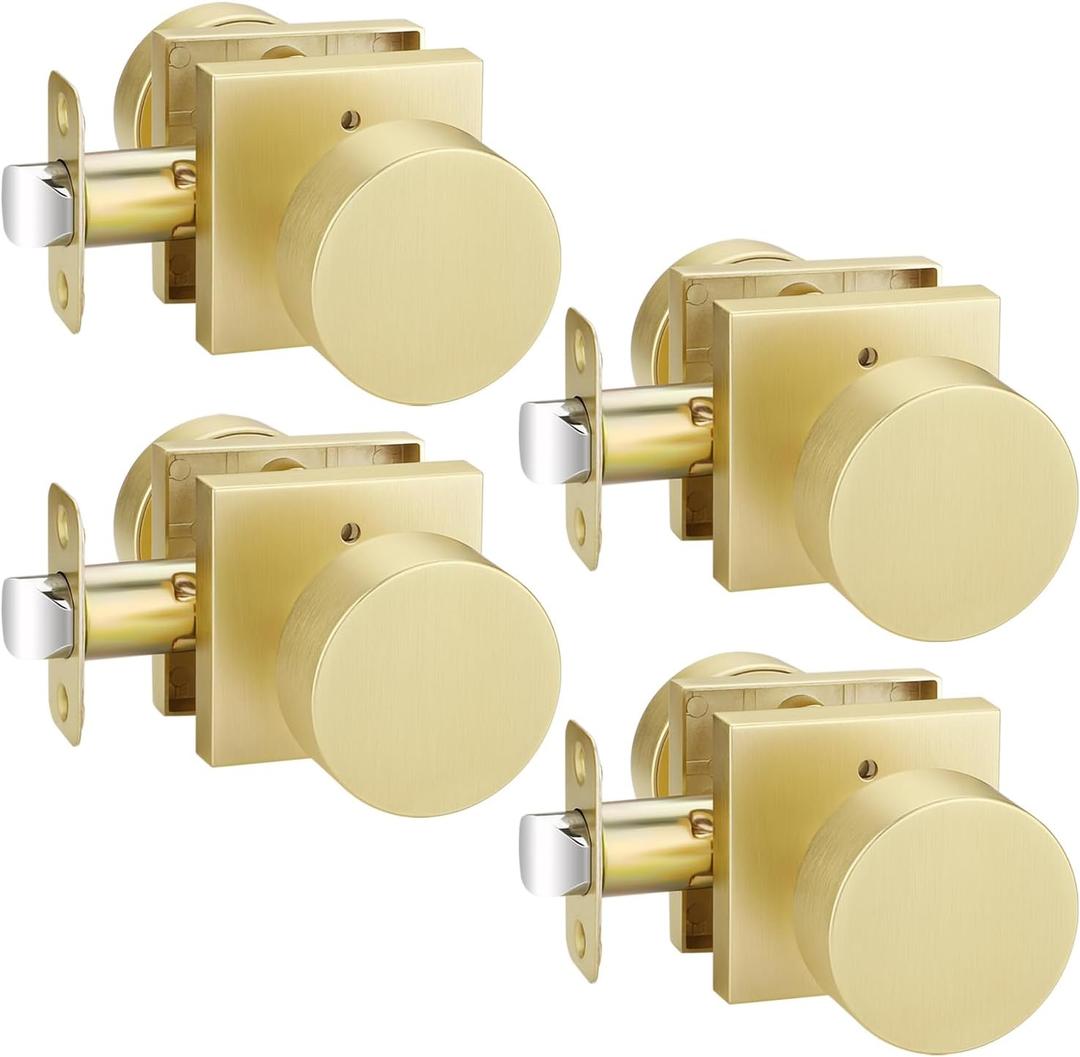 EHOMEWARE 4 Pack Brushed Gold Door Knobs, Interior Door Lock for Bedroom/Bathroom, Privacy Door Knob Without Key, Heavy Duty Brass Door Handle, Universal for Left and Right Handed Doors